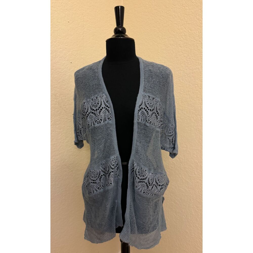 Chico's NWT Blue Gray Crochet Open Short Sleeve Cardigan - Sz 0 (S/4)